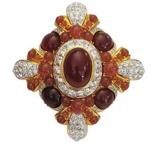 Joan Rivers Gold Tone Carnelian Style Glass Cab Clear Rhinestone Maltese Cross B